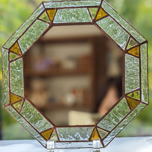 ☆ステンドグラス☆八角形の鏡 クリアアンバー その他インテリア雑貨