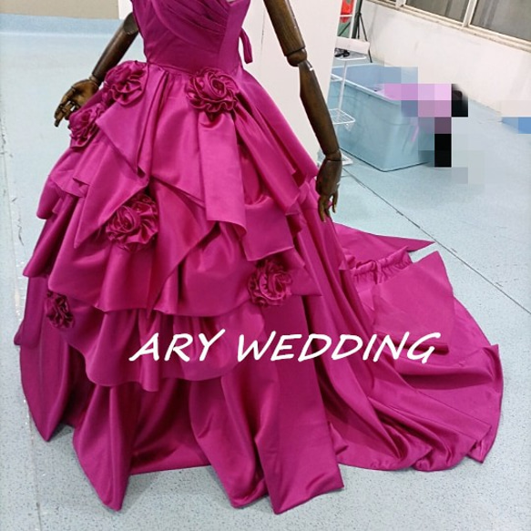 高品質！小熊上衣婚紗，成人縫製粉紅色，亮面緞面，奧黛麗風格，婚禮/答謝派對，您的夢想禮服 第9張的照片