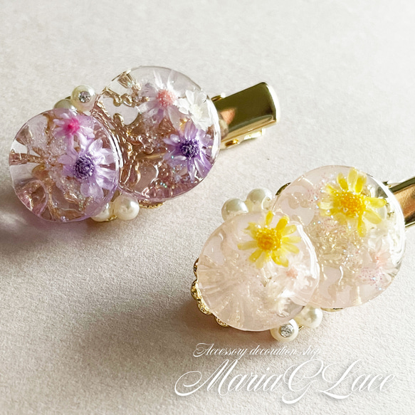 mariaglace★star flower ミニヘアクリップ レジン パール付き かわいい ドライフラワー 2枚目の画像