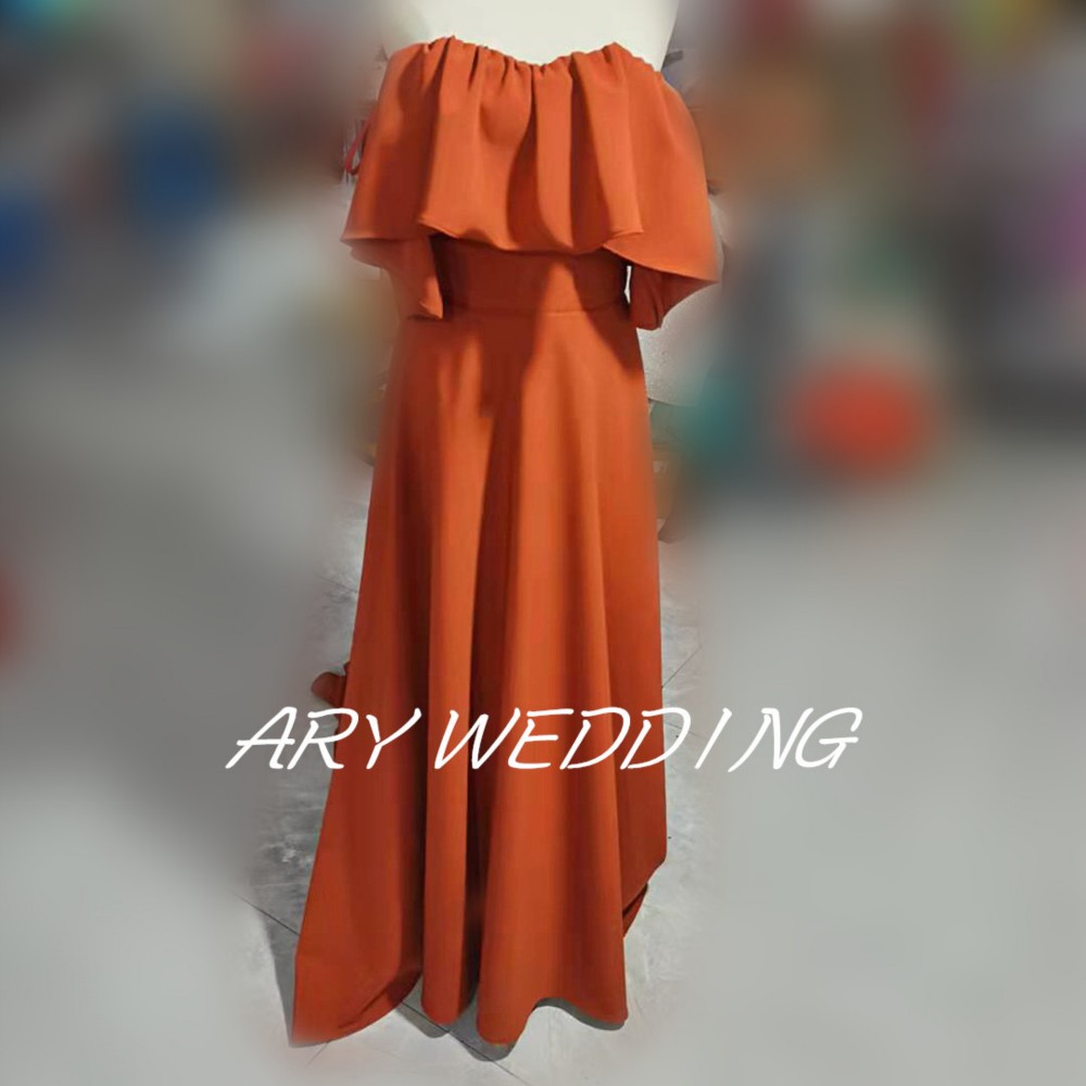高品質！オレンジ オフショル パーティードレス 光沢サテン 短トレーン   二次会/前撮り 挙式 憧れのドレス