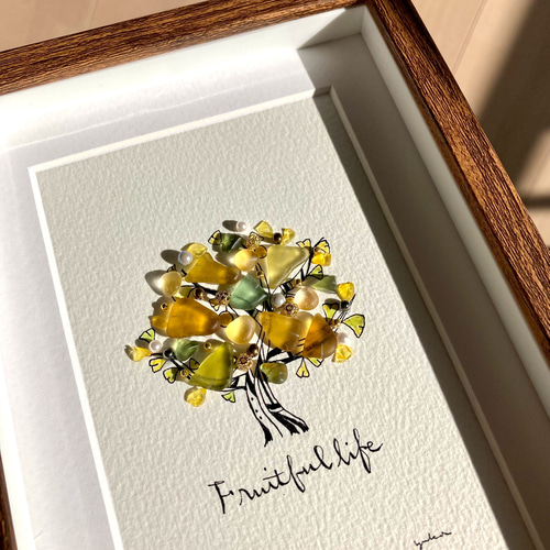 イチョウの木 シーグラス／天然石／フレームアート／壁掛け／額