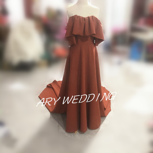 高品質！テラコッタ色 オフショル パーティードレス 光沢サテン 二次会  