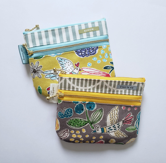 ダブルファスナーミニ財布・カード入れ　幸せの鳥と大きな花　黄色　ファスナー14㎝　内ポケット付き 12枚目の画像