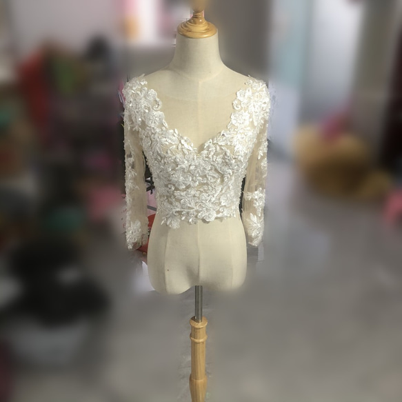 ウエディングドレス トップスのみ 3D立体レース刺繍 ボレロ 七分袖丈  