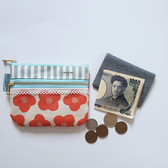 ダブルファスナーミニ財布・カード入れ　北欧調の赤い花　ファスナー14㎝　内ポケット付き 2枚目の画像