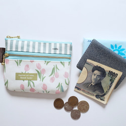 ダブルファスナーミニ財布・カード入れ　チューリップ・ピンク　ファスナー14㎝ 2枚目の画像