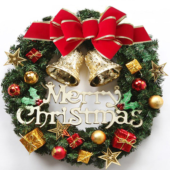 [早割クリスマス2023]クリスマスリース 玄関 ダブルベルクリスマスプレゼント Christmas wreath 1枚目の画像