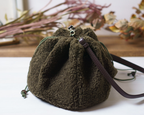 藍媚茶・ボア巾着バッグ・オリジナル生地 ショルダーバッグ azure blue