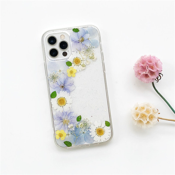 『紫陽花とかすみ草』 iPhone15Pro/SE/Xperia10IV/GALAXYS23 押し花ケース 1枚目の画像