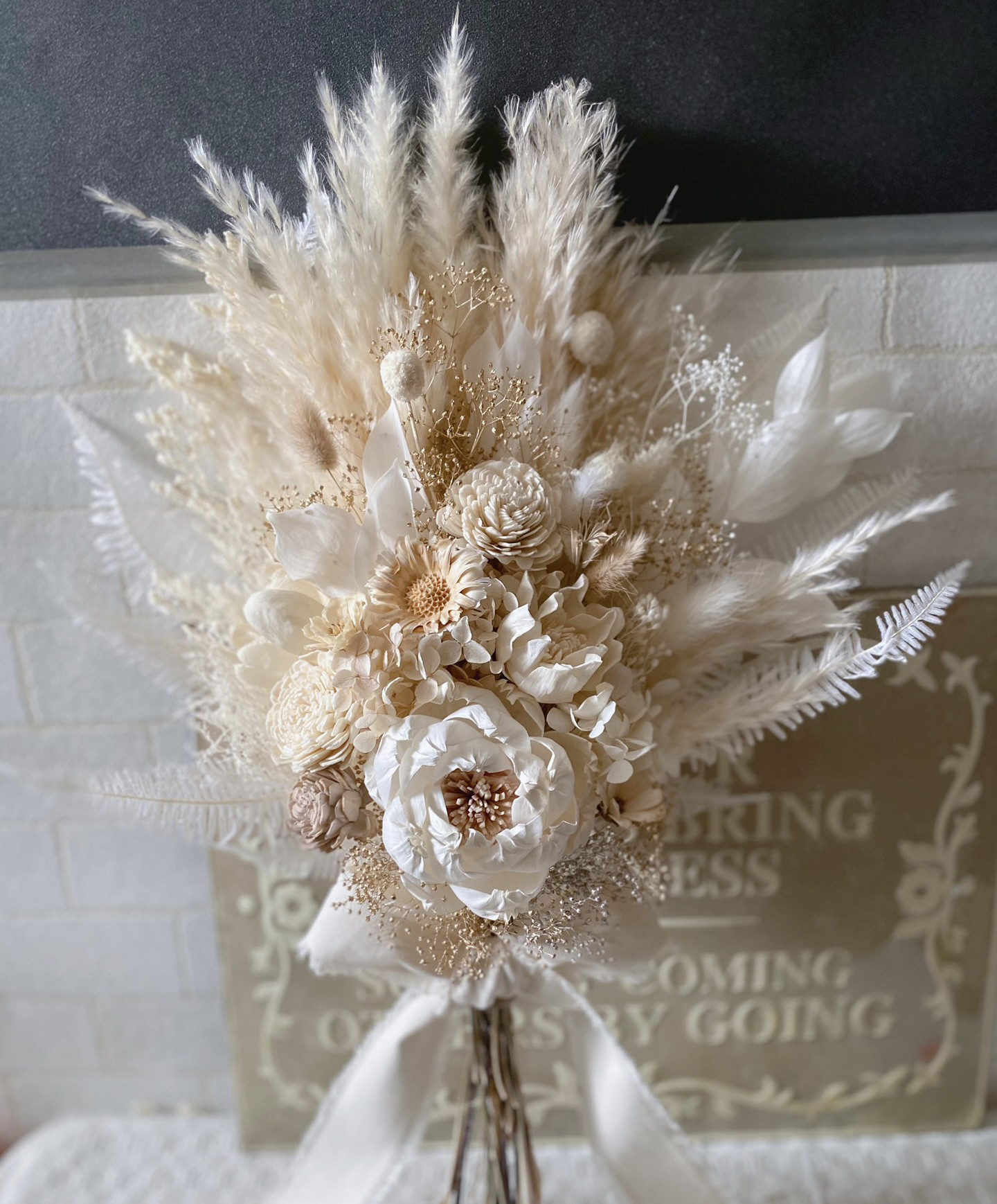 ウェディングブーケ ブートニア付き ドライフラワー ホワイト ゴールド 前撮り ウェディングブーケ 前撮り ゴールド ブートニア付き ドライフラワー ホワイト
