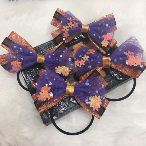 ハロウィンリボンヘアゴムNo.11☆サテン☆蝶 黄色☆サテンリボン