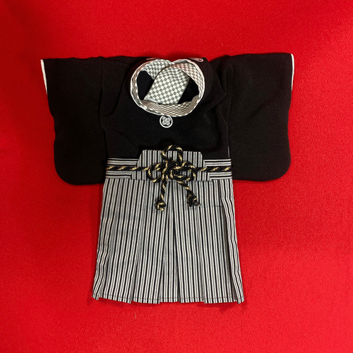 犬の袴✨犬用本格着物&袴セット 黒×グレー 家紋付き ペット服