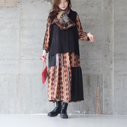 甘くないティアード♡パッチワーク切り替えワンピース（23w-06