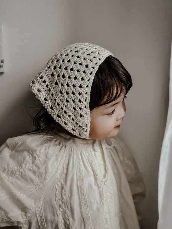 【レース編みが可愛い♡】cotton100% で赤ちゃんの肌にも優しいバブーシュカ（カラー:white） 2枚目の画像