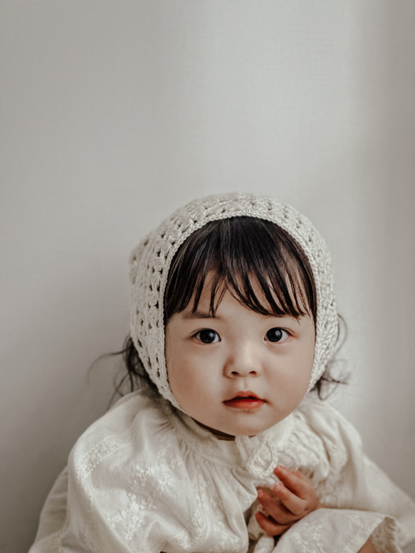 【レース編みが可愛い♡】cotton100% で赤ちゃんの肌にも優しいバブーシュカ（カラー:white） 5枚目の画像