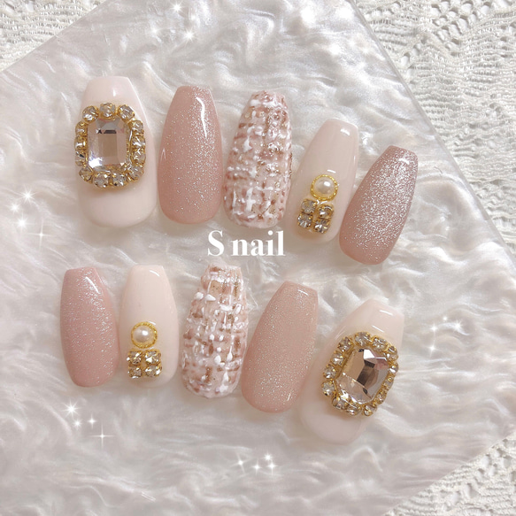 ネイルチップ ベージュ ツイード 韓国 ストーン ビジュー マグネット