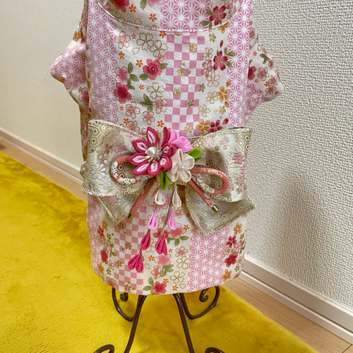 ☆犬服☆つまみ細工帯飾り付き 犬用着物 女の子用 桜柄 ピンク ペット