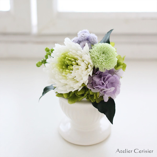 お供え用 おおきめ仏花 ２個セット プリザーブドフラワーアレンジ 白緑 プリザーブドフラワー 仏花＜香天 SSサイズ＞ホワイトグリーン