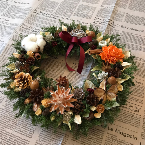 新作＊X'mas》北欧の森の木の実とコットンフラワーのリース30cm（1点