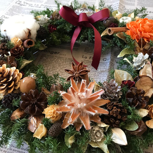 新作＊X'mas》北欧の森の木の実とコットンフラワーのリース30cm（1点