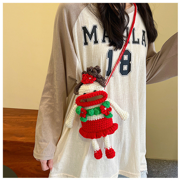 純粋に手編みのクリエイティブなビッグマウス携帯電話バッグクロスボディバッグウールニット美少女ショルダーバッグかわいい 1枚目の画像