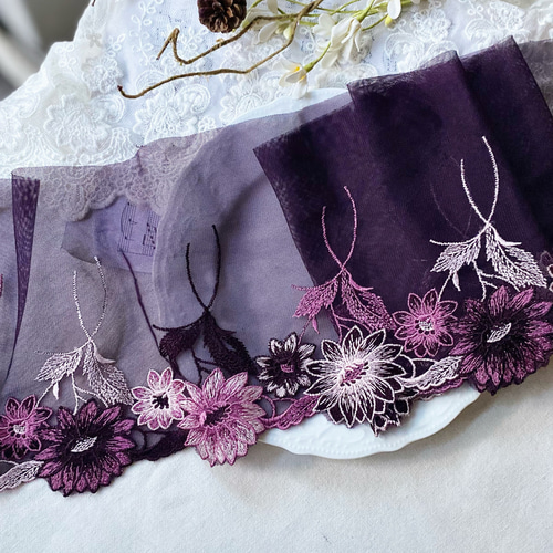1m 広幅 美しい 花 フラワー 刺繍 チュールレース パープル系