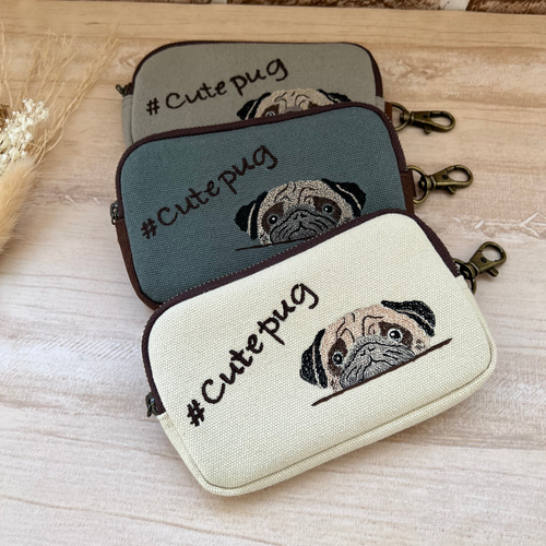 あご乗せパグさん♡刺繍コインケース／ミニポーチ（エクル