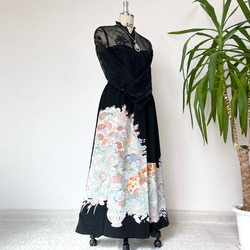 【1点物】美品　着物　リメイク　ロングスカート　黒留袖　大きいサイズ　花柄　豪華 1点物】美品 着物 リメイク ロングスカート 黒留袖 花柄 鳥