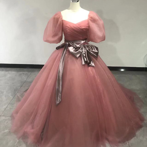 抜群のおしゃれ見え カラードレス ピンク 取り外しオフショルダー上品  