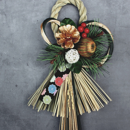 お正月2026】お正月モダンしめ縄飾り凛とした水引き 深緑・金 しめ縄