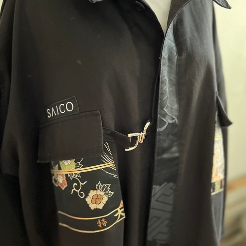 美品❣️特注 着物帯で作製の 柄 ジャケット ゴフクヤサン | 雪花絞柄夏着物✕妖怪の帯 着物はアンティークの