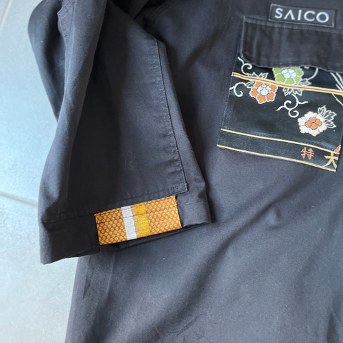 美品❣️特注 着物帯で作製の 柄 ジャケット SATORI さとり 糸菊波跳鯉 襟付きレザーライダースジャケット
