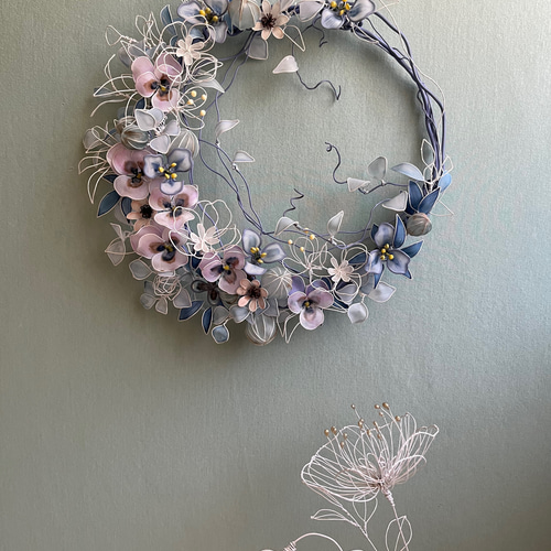一点物 秋色紫陽花 リース ワイヤークラフト ディップアート 壁
