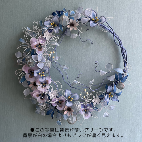 一点物】ビオラと小花 三日月リース ワイヤーリース 直径約24