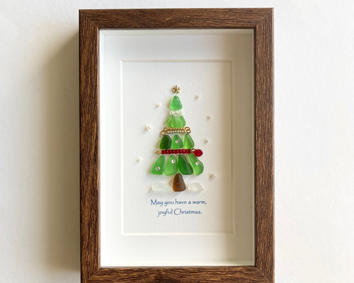 シーグラスアート☆木の実のモリモリツリー☆ 赤い実のクリスマスツリー・シーグラスアート 置物 壁飾り インテリア