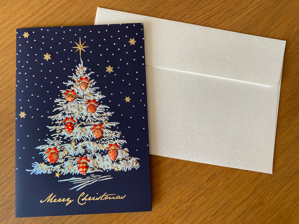 2023年新柄入荷！イタリア製　大人のクリスマスカード『エンボス加工　きらきら箔押し　クリスマスツリー　ブラック』④ 2枚目の画像