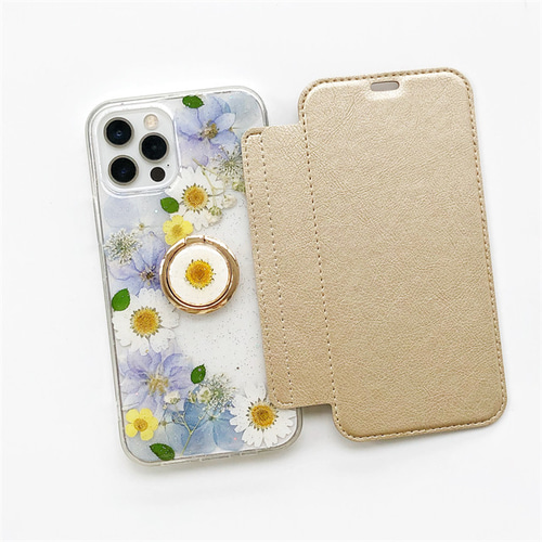 紫陽花とかすみ草』押し花 手帳型スマホケース スマホリング
