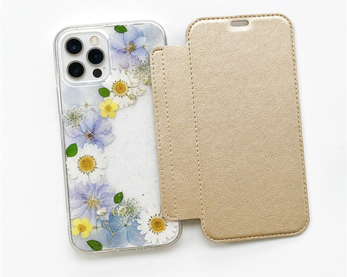 紫陽花とかすみ草』押し花 手帳型スマホケース スマホリング