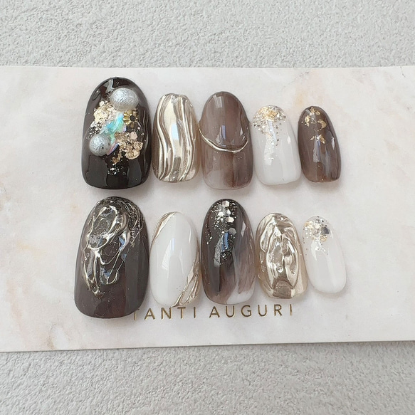 秋 ネイルチップ 茶色 ブラウン マーブル オータム 秋色 大人っぽい 3D