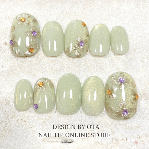 ネイルチップ #111 グリーン天然石 ニュアンス マグネット ぷっくりフラワー ネイルチップ #111 グリーン天然石 ニュアンス マグネット ぷっくり