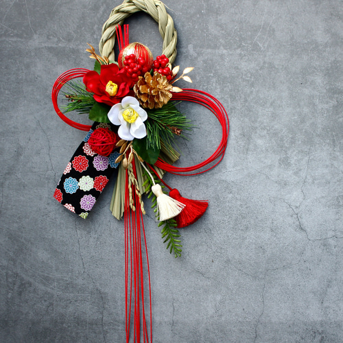 新作割＞ 幸せ椿スタイリッシュお正月本しめ縄飾りリース しめ縄