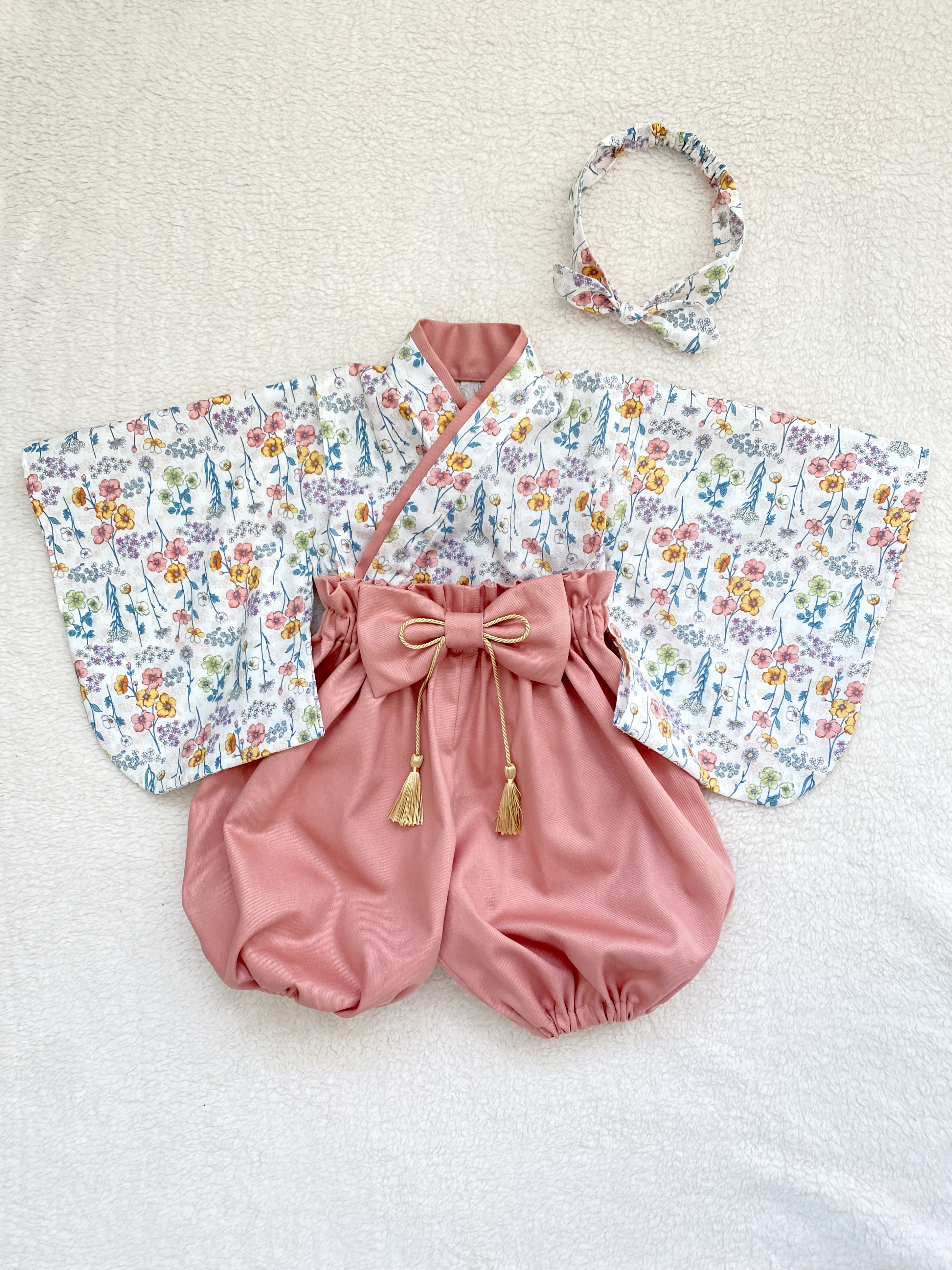 【受注生産✨送料無料】ベビー・キッズ袴＊ボタニカル柄オフホワイト×ピンク＊