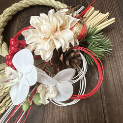 【早割価格10%off】2026 国産稲穂付きしめ縄　お正月飾り　ダリア　紅白水引　縦横自由　 3枚目の画像