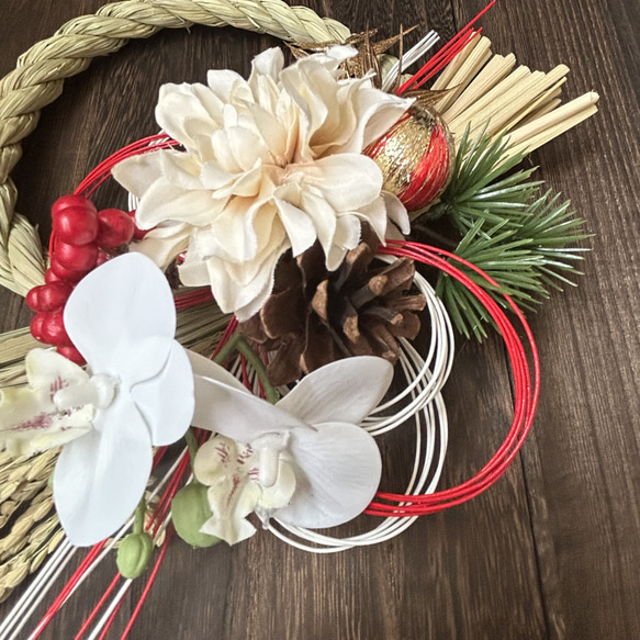 【早割価格10%off】2026 国産稲穂付きしめ縄　お正月飾り　ダリア　紅白水引　縦横自由　 3枚目の画像