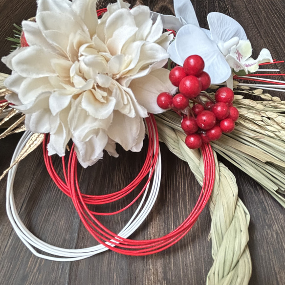 【早割価格10%off】2026 国産稲穂付きしめ縄　お正月飾り　ダリア　紅白水引　縦横自由　 4枚目の画像