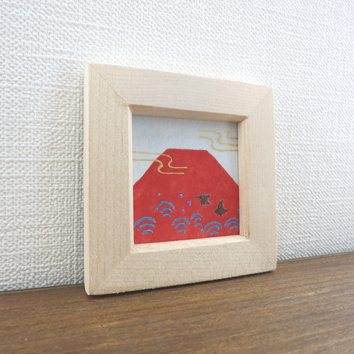 日本画原画】赤富士と千鳥と黄金の風 絵画 ミニ額付き ミニ