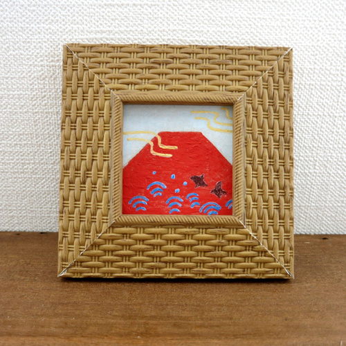 日本画原画】赤富士と千鳥と黄金の風 絵画 ミニ額付き ミニ