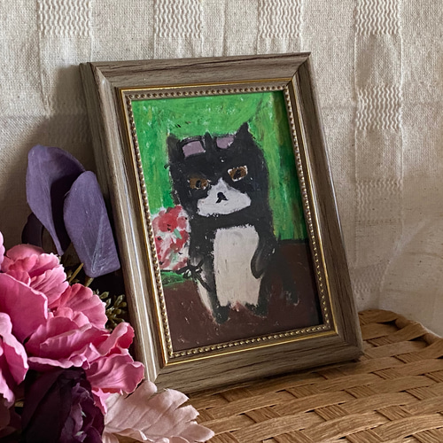スペシャルオファ 絵画。原画手描き【かわいい黒猫が買い物をしている間に花を1束 絵画+タペストリー