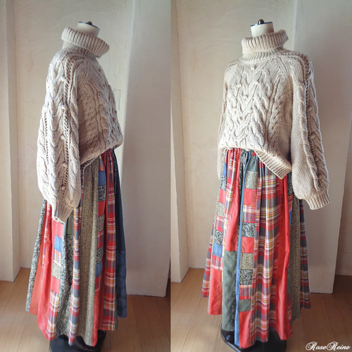 絵画なパッチワーク♥透明感のある色彩♥ペールレッド マキシ丈