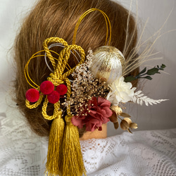 ドライフラワー髪飾り　プリザーブドフラワー　ヘッドドレス　水引　タッセル　結婚式　成人式　卒業式　 2枚目の画像